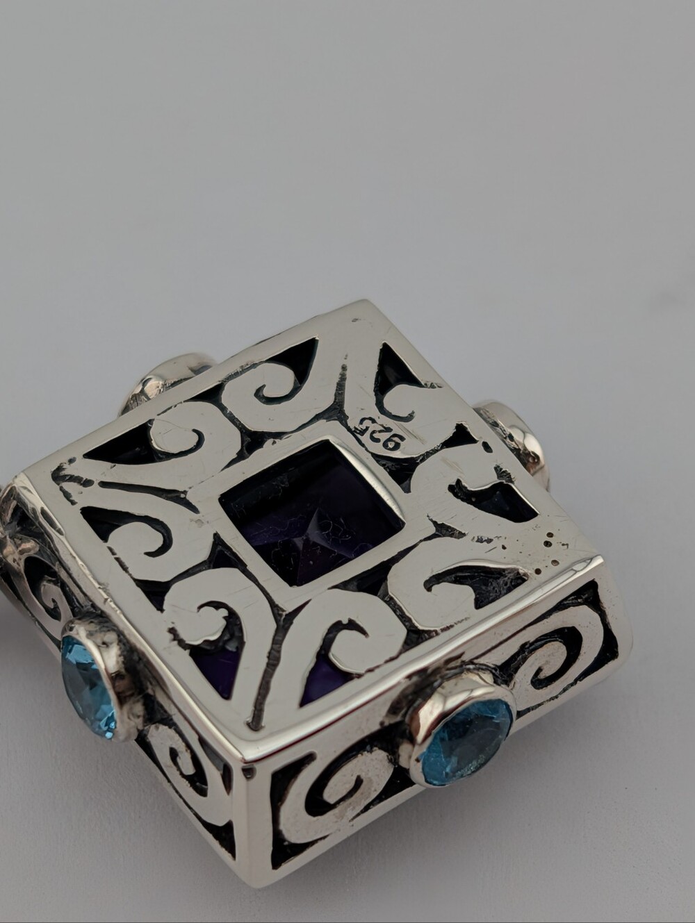 8 Carat Princess Cut Amethyst And Blue Topaz Sterling Silver Pendant Handcrafted - Picture 5 of 9